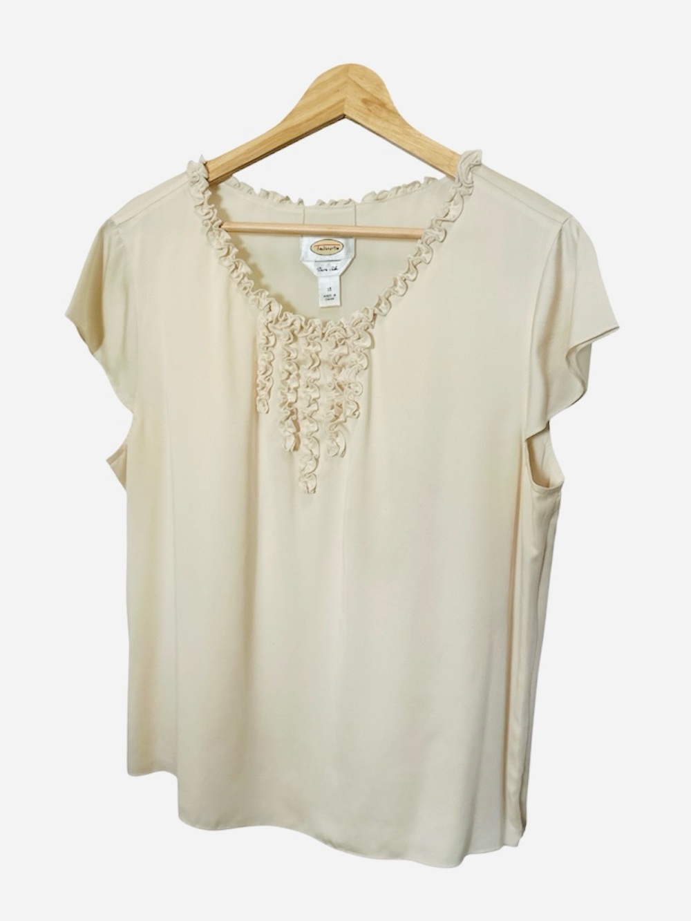 Talbots Pure Silk Ivory Ruffle Blouse Size 16 100% Silk Short Sleeve Top